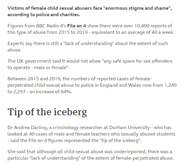 This was a bit of detail earlier from an article reporting the rise in female sex offenders.Transphobic propaganda relies on painting trans women as nefarious, the idea that female sex offenders already lurk in female spaces presents an obvious chink.2/