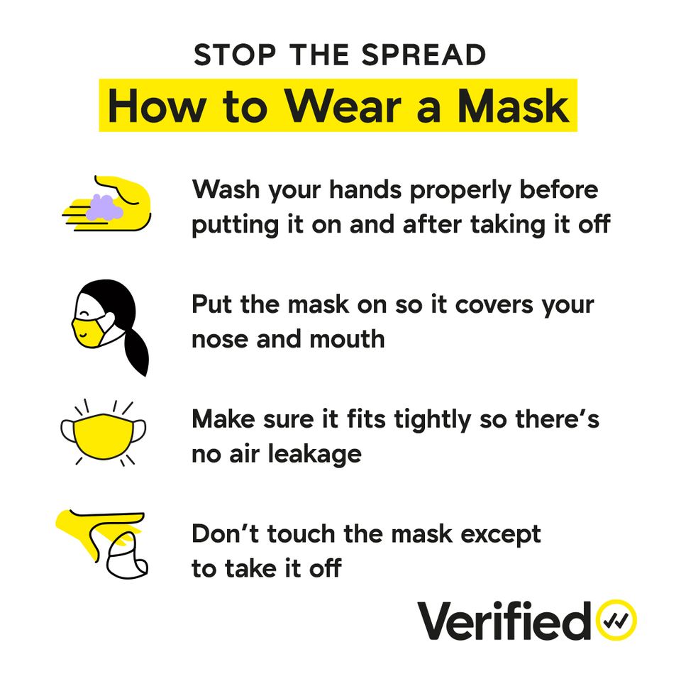 The correct way to wear a mask to help stop the spread of #COVID19:
🧴Wash your hands.
😷Put mask over your mouth and nose.
👍Make sure it fits tightly.
✋Don't touch the mask.
Get more Verified information: https://t.co/9cNARG43wd https://t.co/6FGfqdMAQm