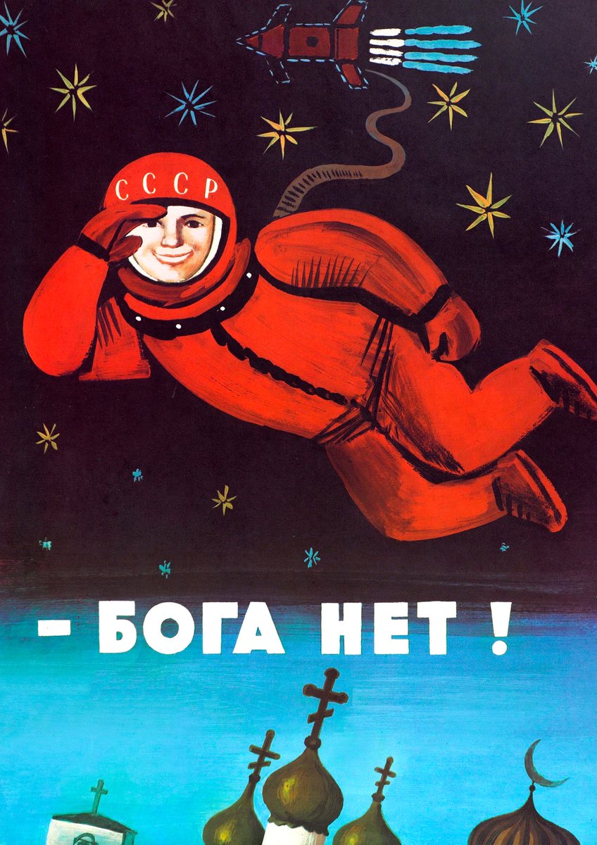 IconSocialista's tweet photo. "Não há deus aqui em cima!" Cartaz soviético ateísta de 1960, retratando o cosmonauta Yuri Gagarin em órbita. https://t.co/4LgpzB6csS