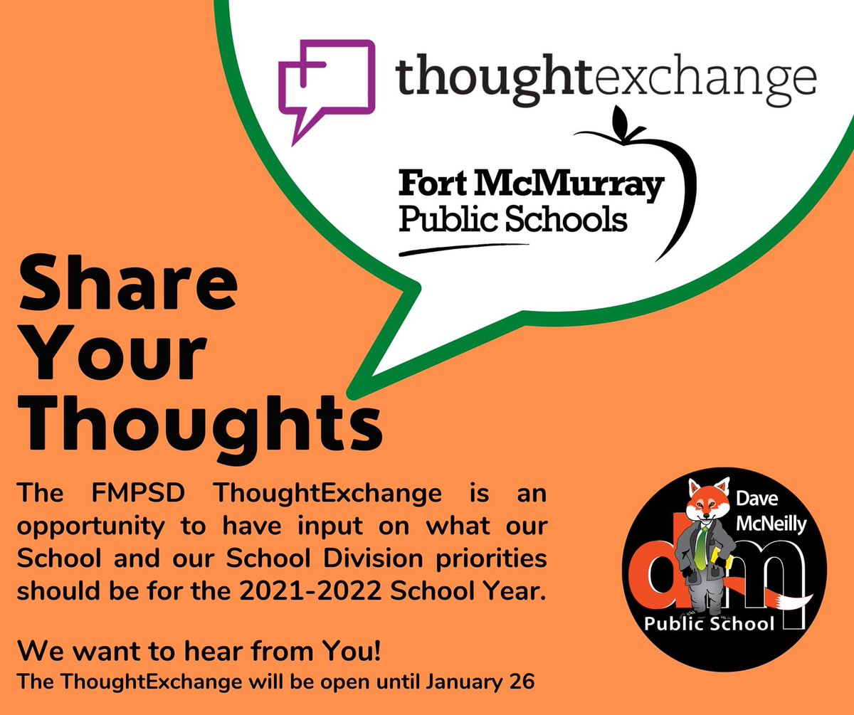 Our division wants to hear from you!
The survey will be open from now until January 26, 2021 at this link: my.thoughtexchange.com/#507463067/hub <a href="/RoxanneFudge/">Roxanne Fudge</a> <a href="/DianeRizzuto/">Diane Rizzuto</a> <a href="/FMPSD/">Fort McMurray Public School Division</a> #elementaryschool #ymm #schoolbudget