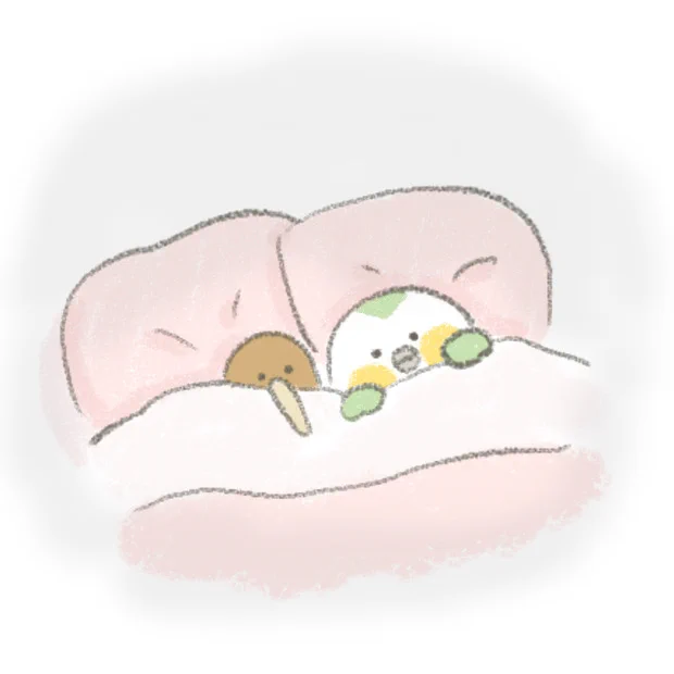 寒くてお布団から出れないカカポとキーウィ。 