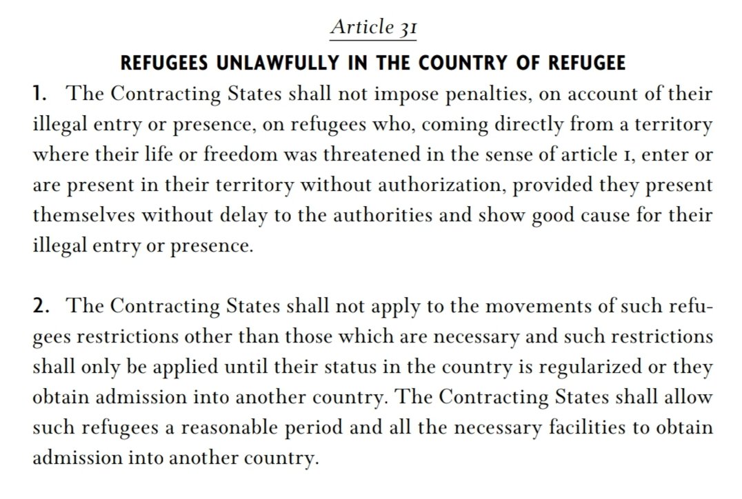 What about the manner of entry though? Well, as per article 31 of the 1951 Refugee Convention, an asylum seeker cannot be penalised for their manner of entry. So, once again, not illegal. 3/ https://www.unhcr.org/uk/1951-refugee-convention.html