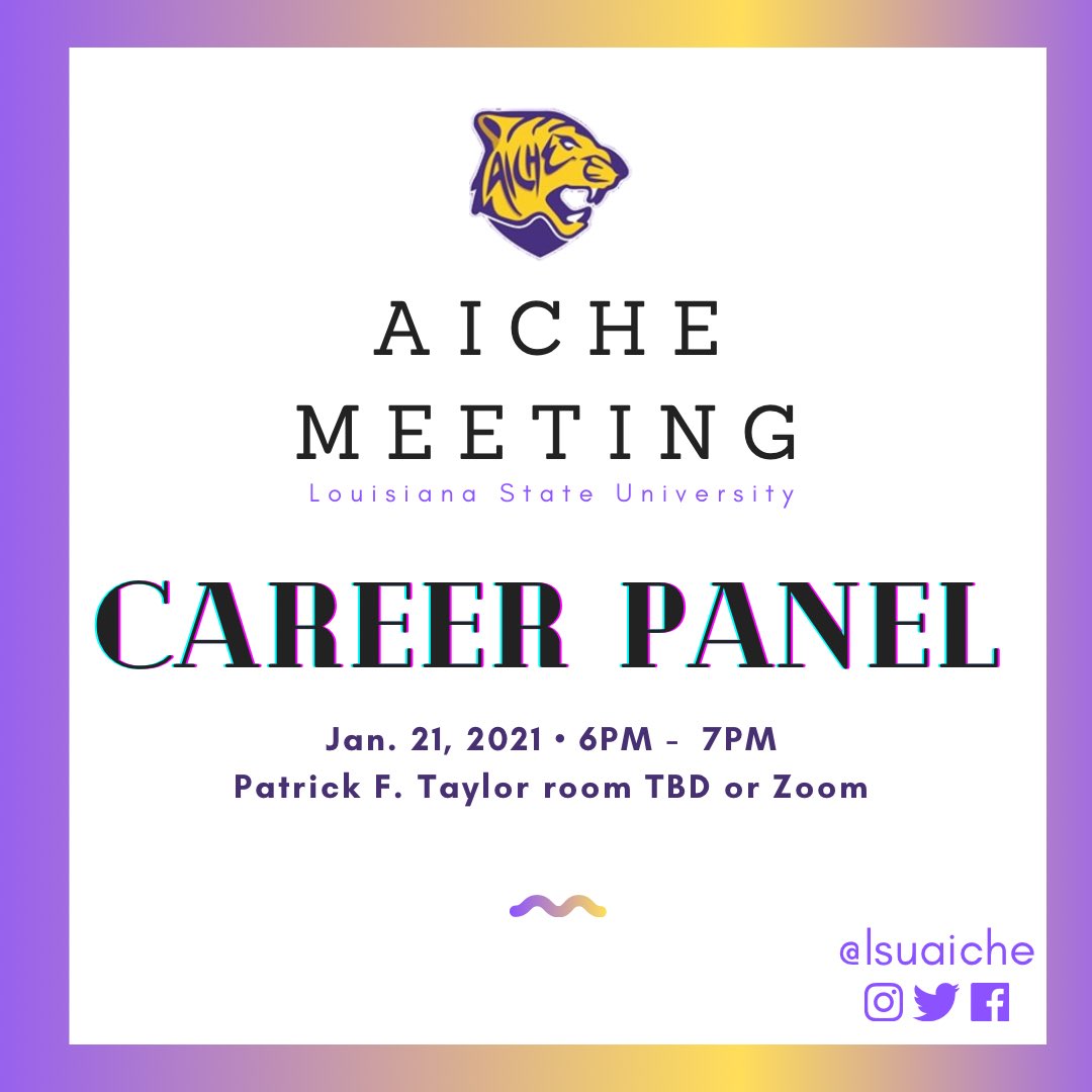 Meeting: Chemical Engineering Career Panel
Thursday January, 21!!! 6-7pm

Food will be served at the in-person meeting, YUM 🤤 
If you plan to attend on zoom, use the following info: 
Meeting ID: 572 475 7331