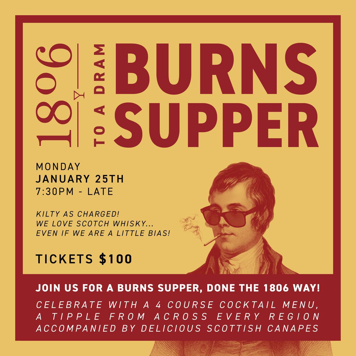 bar1806's tweet photo. ONLY A FEW TICKETS REMAINING! 🎟️ 🎟️ 🎟️ 
Join us for the best Burns Night in Melbourne and let loose with a degustation of our favourite Scotches and Scottish treats all accompanied by live music from the Whisky Gypsies! This is not one you want to miss. https://t.co/U0JhYIMrHh
