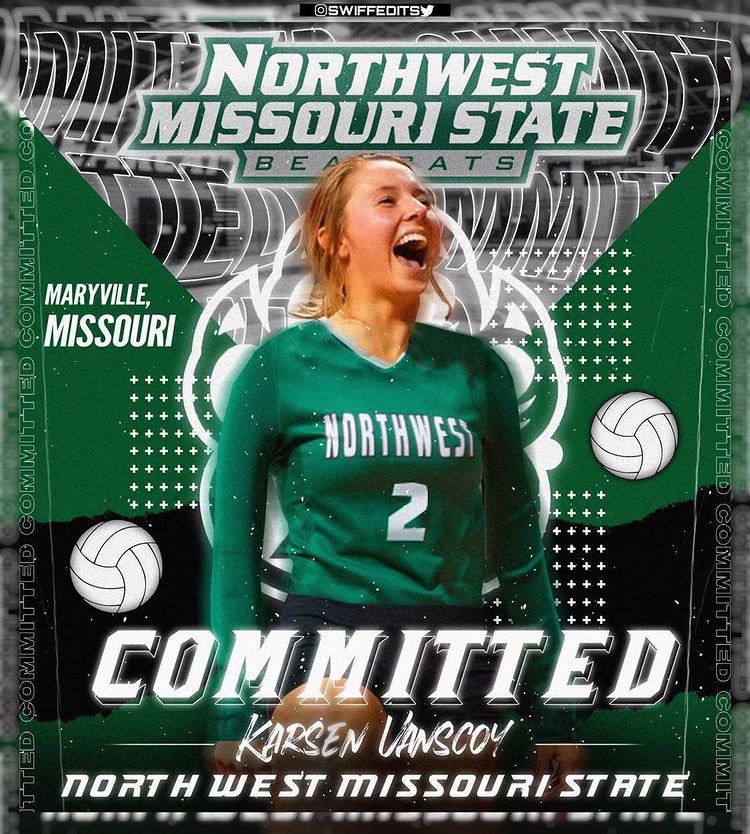 KarsenVanscoy's tweet photo. I am so excited to announce that I have verbally committed to Northwest Missouri State University where I will be continuing my academic and volleyball career. Huge thank you to everyone who has supported me along the way. Go Bearcats! 🐻💚 @NWBearcatVB https://t.co/dSThbev6w6