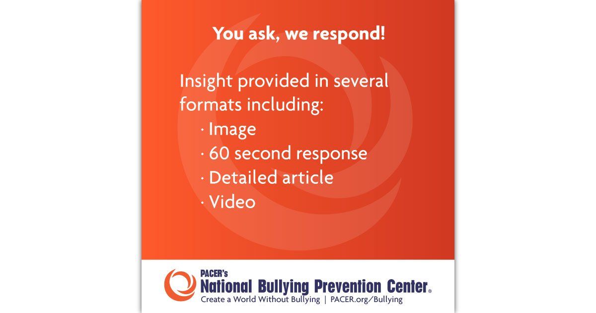 CAStandTogether's tweet photo. Have questions about bullying amongst children, and what to do if your child is caught in a difficult situation? Visit the @PACER_NBPC Questions Answered page to learn about the dynamics of bullying, how to recognize it, how to intervene, and more ➡️  https://t.co/UhlgRtpRim https://t.co/2f9UN8xo0Z