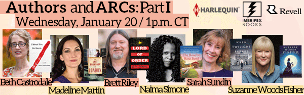 Promotional art for upcoming Booklist webinar, Authors and ARCs: Part I, happening tom Wednesday, January 20 at 1 PM CT.