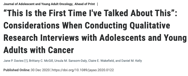 Do you conduct #qualitative research interviews with #AYA with cancer? Our NEW PAPER may be of interest 💡

Through the lens of 3 case studies, we reflect on key issues in this space, incl: confidentiality, building rapport + managing distress

liebertpub.com/doi/10.1089/ja…