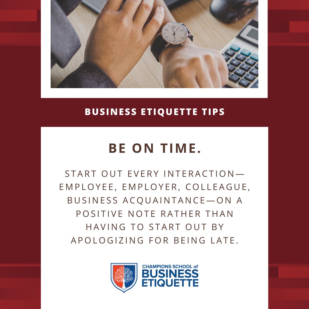 Etiquette_Class's tweet image. Punctuality and timeliness matters - it shows you respect other people's time and adds to how people perceive you. 

#BusinessEtiquetteTips #BusinessEtiquette