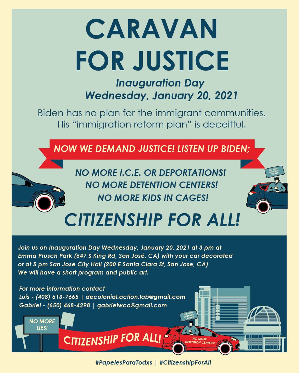 PangeaLegal's tweet photo. TOMORROW: Join a car caravan for justice organized by undocumented families in San Jose, CA, demanding that President Biden and immigration deportation, and grant legalization to all! @JoeBiden #PapelesParaTodos https://t.co/IS5mhFsRk6
