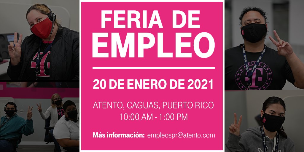 Si tienes buenas destrezas de comunicación y quieres ser parte del equipo de expertos, Visita la Feria de Empleo de Atento en Caguas este 20 de enero de 10AM a 1PM. Recibiremos tu resumé en servi-carro para la protección de todos. #EresDeLosNuestros