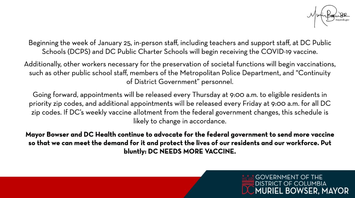 Beginning the week of January 25, DC Health will continue the rollout of vaccinations for DC’s teachers &amp; police. 

Residents 65 years and older and healthcare workers will continue to register for appointments using the vaccinate.dc.gov portal or by calling 855-363-0333.