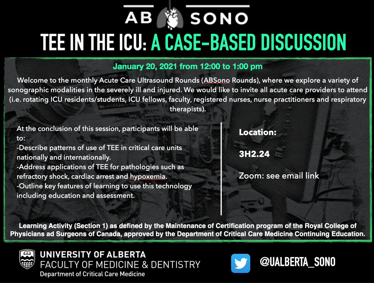 UAlberta_ICU's tweet photo. Please join us at noon Wednesday January 20th for Critical Care Ultrasound Rounds. Dr. @Buchanan_MD will be presenting TEE in the ICU: A Case-Based Discussion #SavingLivesWithSound @UAlberta_Sono https://t.co/RePeDDnVmK