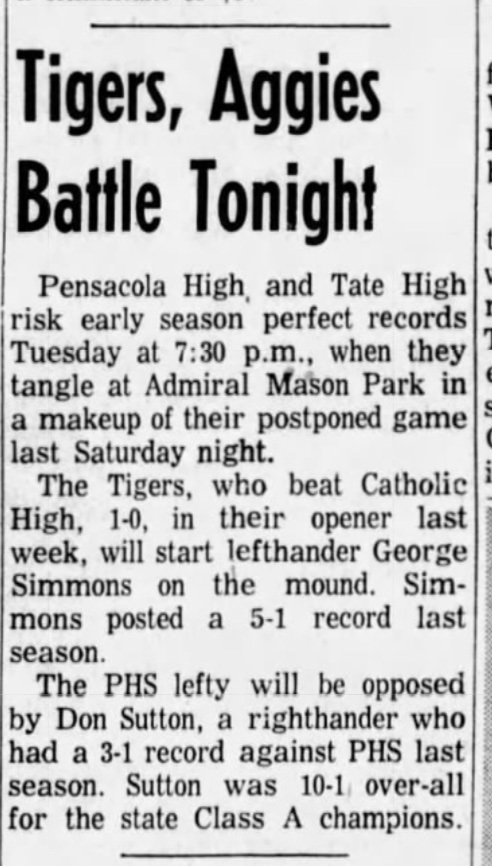 Attached are 2 Pensacola News-Journal clips from 1963, Sutton’s senior year at Tate. One says he was 10-1 as a junior, 3-1 against Pensacola High. The other says he evened his 1963 record to 2-2. So even if he did lose to Stabler, it wasn’t his “only loss.”