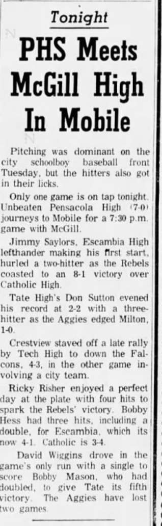 Attached are 2 Pensacola News-Journal clips from 1963, Sutton’s senior year at Tate. One says he was 10-1 as a junior, 3-1 against Pensacola High. The other says he evened his 1963 record to 2-2. So even if he did lose to Stabler, it wasn’t his “only loss.”