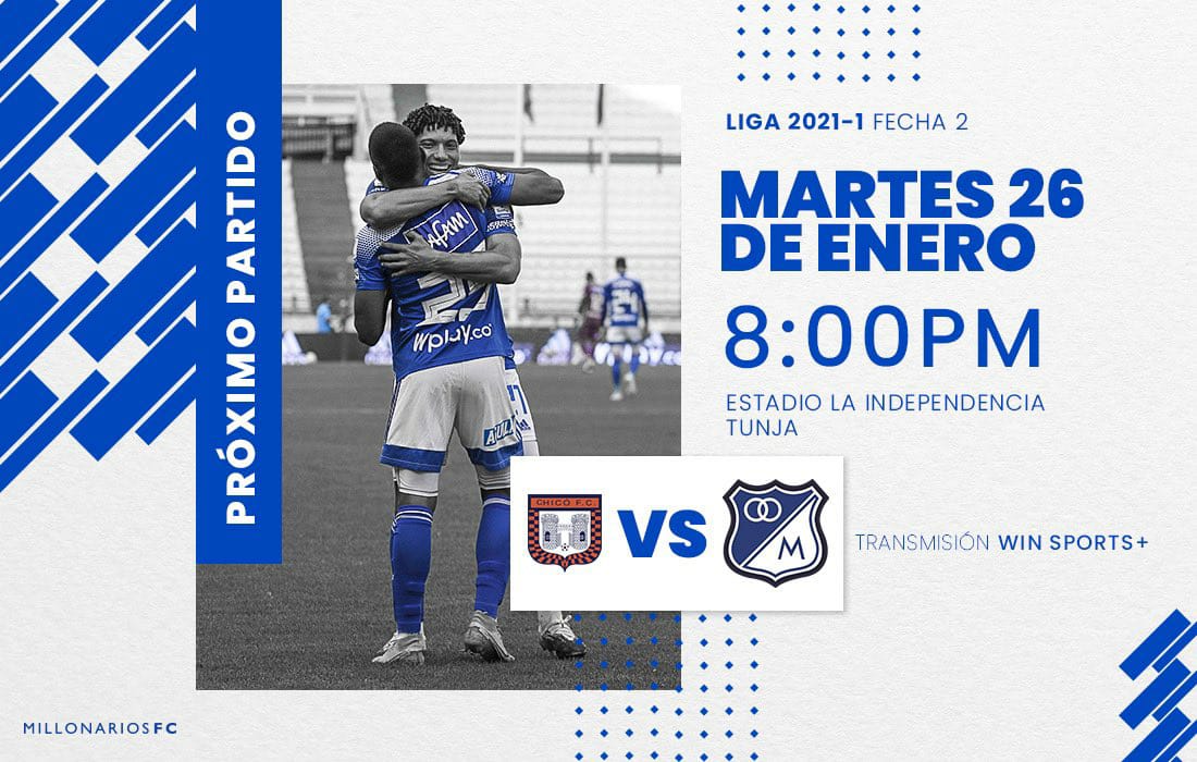 OrgullosamenteE's tweet photo. 🔜 Próximo partido
🏆 Liga 2021-1
⚽️ Fecha 2
🆚 Boyacá Chicó
📆 Martes 26 de enero
⏱ 8:00 pm
🏟 Estadio La Independencia
📍 Tunja, Boyacá

🔵⚪️ ¡VAMOS #MILLOS! #ConLaAzulPuesta https://t.co/GX0a8DOr0c