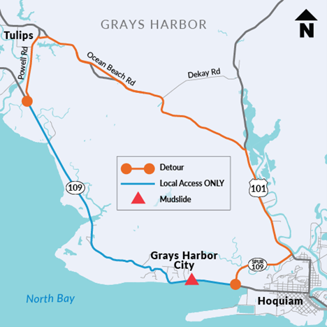 wsdot_tacoma's tweet image. SR 109 near Hoquiam remains closed until further notice due to mudslide. A detour is in place using SR 109 Spur, US 101, Ocean Beach Rd and Powell Rd. The slide is nearly 300-feet long and 90-feet deep. Details about what's next and reopening the highway: 
wsdotblog.blogspot.com/2021/01/mudsli…