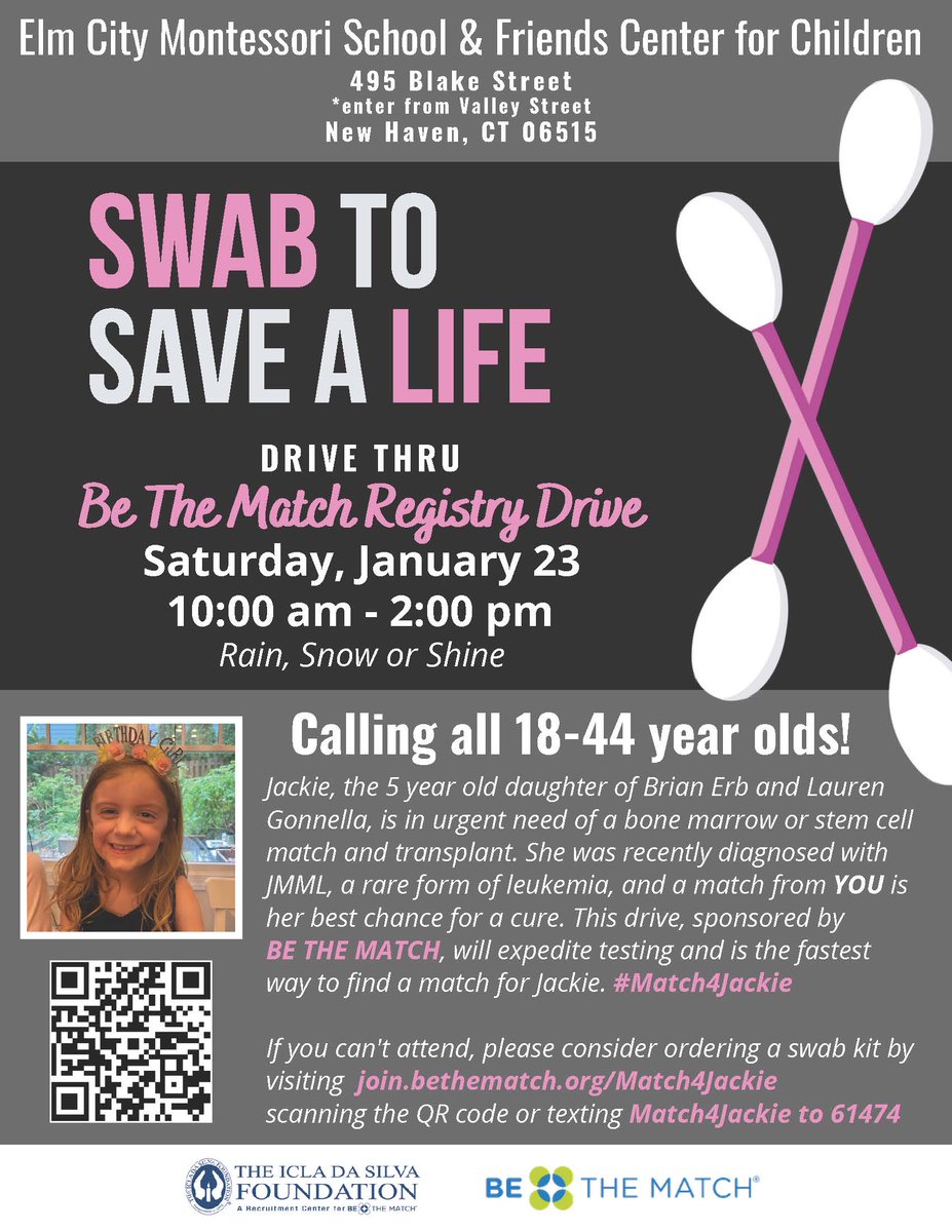 YalePCCSM's tweet photo. Jackie, the 5-yr. old niece of one of our own, needs help.  You or someone you know could be a #Match4Jackie. If you're local to #NHV, please consider participating in the free, contactless drive-thru this Saturday from 10a-2p. (See flyer). Please RT/share. #BeTheMatch #SaveALife https://t.co/nMe9kdpr6z