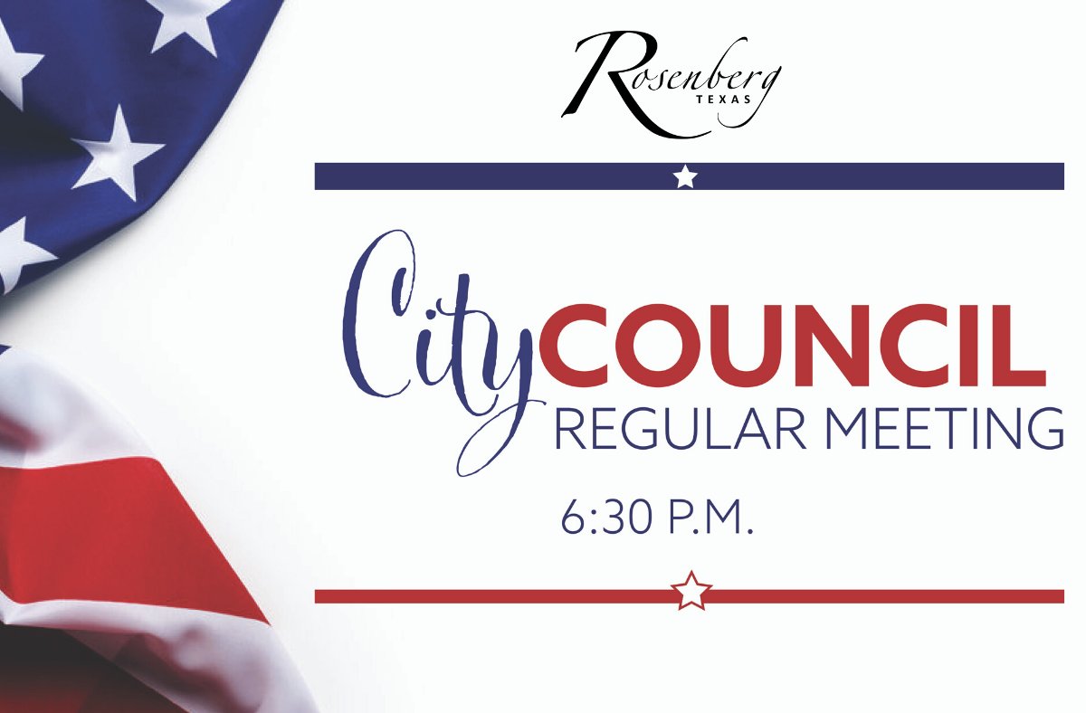 Reminder: Virtual City Council Regular Meeting Tonight @ 6:30 p.m.  
▪️AGENDA
📄: bit.ly/3nXT9pN
▪️LIVE
📺: Comcast Channel 16
💻: rosenbergtx.gov/tv
🌐: youtube.com/RosenbergTXGov
▪️LISTEN
☎️:833-548-0276
Meeting ID: 858 4474 2731
Topic: Rosenberg City Council Meeting