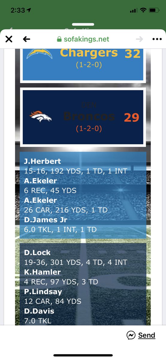 SK_Broncos's tweet photo. Broncos fall to 1-2 as they lose a close one. Lock doesn’t only throw his 1st int of the season but his 4th as well. He hopes to help the broncos get back on the winning side of things a limit his turnovers as he was great during weeks 1 and 2. @SofaKingsOnline https://t.co/4xy4nlThTg