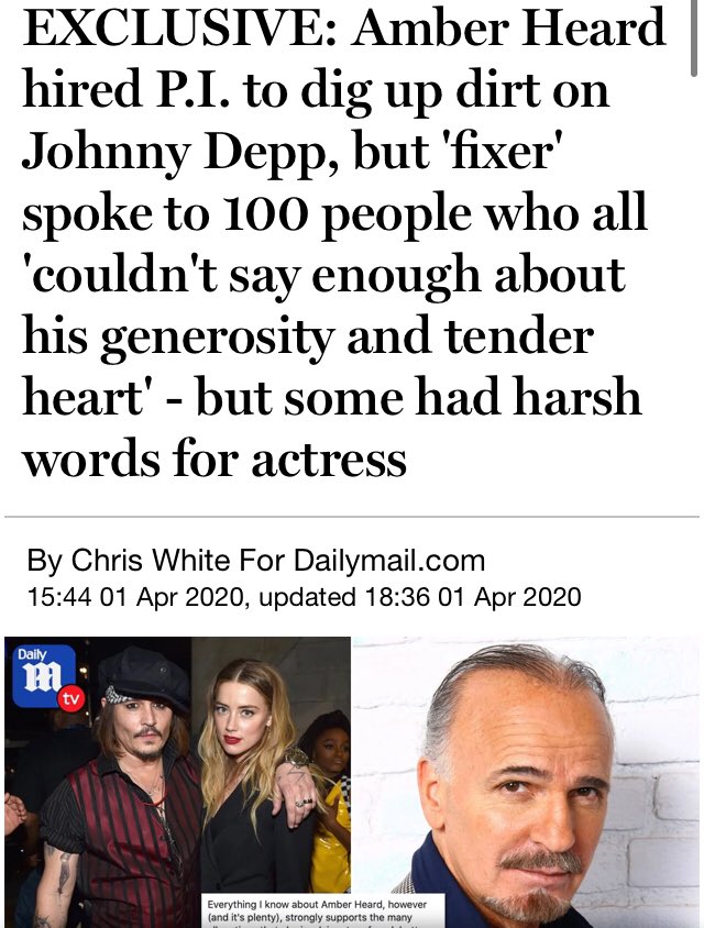 salveogvm's tweet image. Remember when Amber Heard secretly hired a personal investigator to dig up something on Johnny Depp and after interviewing more than 100 people he found only good things about JD? “He’s like an angel.” - PI #JusticeForJohnnyDepp