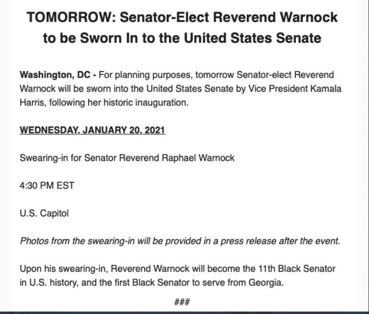 CherylPreheim's tweet photo. NEW: Senator-elect @ReverendWarnock will be sworn in by Vice President Kamala Harris. Ceremony at 4:30pm on inauguration day. 

*Sen-elect Warnock is the 1st African American U.S. Senator elected from Georgia. 
*Will be the 11th black senator in U.S. history.

#11Alive #gapol https://t.co/Kdu9tTr1ks