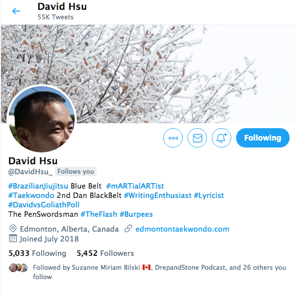 an_eye_4_cinema's tweet photo. Here's a special thanks to my 1st follower, whose #DavidvsGoliathPoll are always so fun!
Thanks,
@DavidHsu_ #BrazilianJiujitsu Blue Belt #mARTialARTist
#Taekwondo 2nd Dan BlackBelt #WritingEnthusiast #Lyricist
The PenSwordsman #TheFlash #Burpees
Edmonton, Alberta, Canada https://t.co/wUnoDSoziD