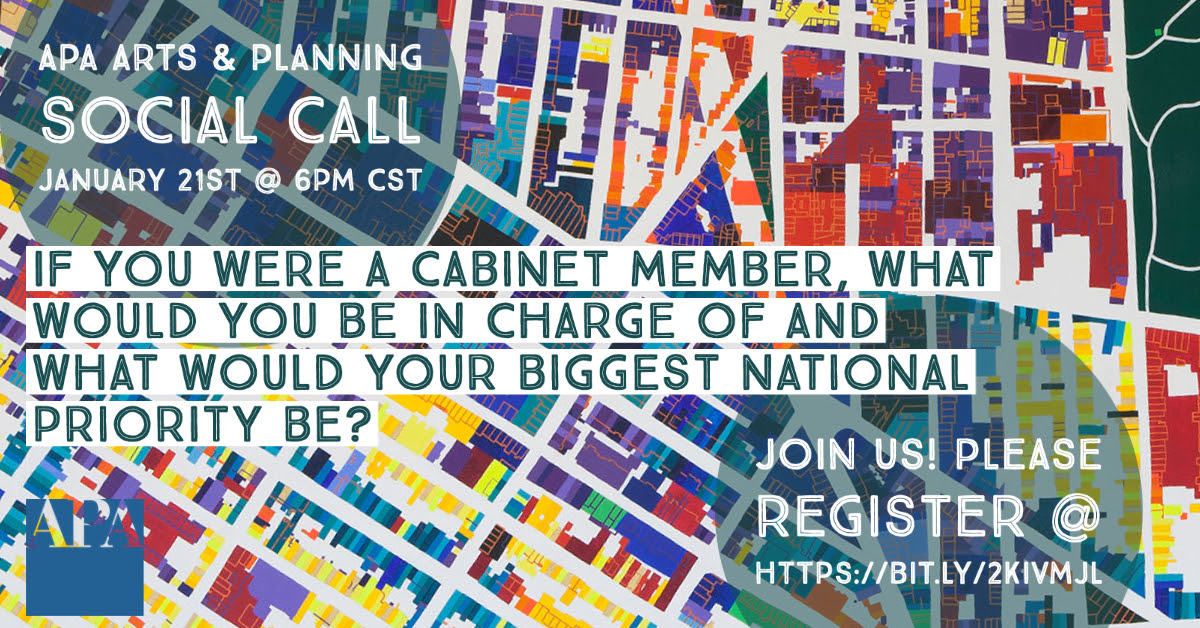 JulieBurros's tweet photo. Join us 1/21 monthly APA Arts &amp; Planning Interest Group virtual social on national arts policy w/ @emilyruddock @MassCreative #artsandplanning #culturalpolicy #creativeplacemaking @APA_Planning 
https://t.co/cHO4vQWcAv https://t.co/VyOQgSibPJ
