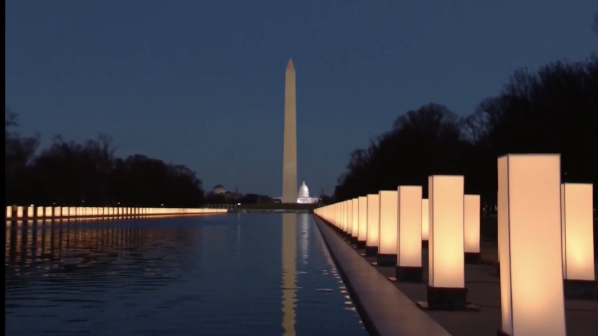 MayaJRodriguez's tweet photo. The memorial to the victims of COVID-19, on the day the U.S. surpassed 400,000 deaths: lights are lit from the Reflecting Pool near the Lincoln Memorial to communities across America. https://t.co/YlWPbBt8to