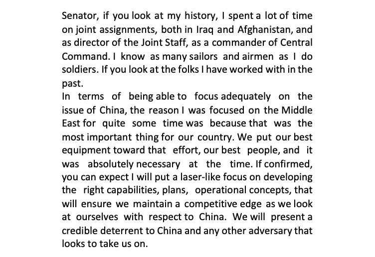 17/ Sen. Sullivan asks Austin re criticisms that he'll favor the army & doesn't have experience in the Asia-PacificAustin's response below. Also says: "We will present a credible deterrent to China and any other adversary that looks to take us on."