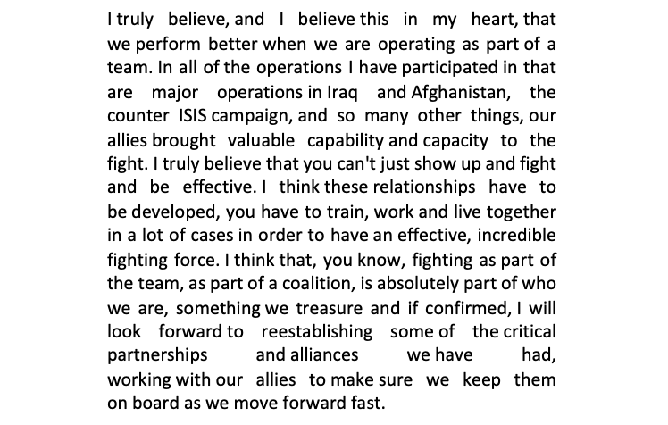 18/ Sen. King asks re views on coalitions & shoring up rels w/ allies.Austin's response