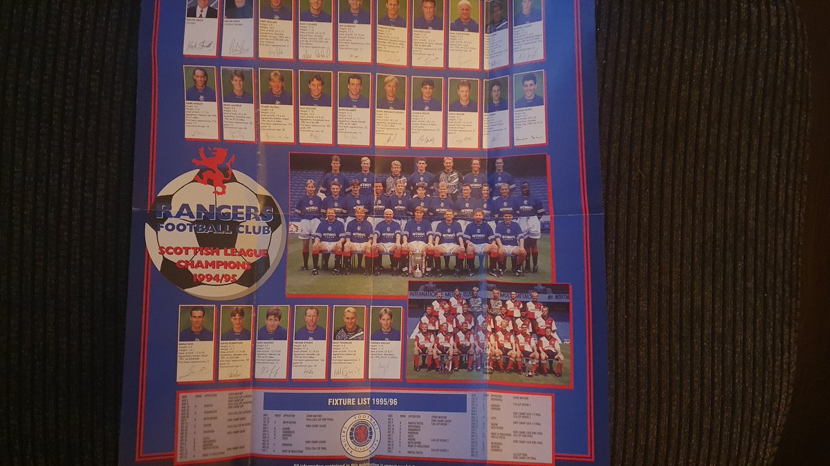 92/93, 96,97 & 97/98 gold out squad posters with facts & figures & printed signatures. All 3 of these are in mint condition & all open out to be squad posters featuring printed autographs £6 for the lot, price includes uk postage