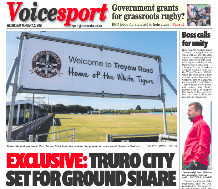 gareth_davies82's tweet photo. BREAKING: @TCFC_Official confirm to the @truro_voice that the club have agreed to ground share with @TSWesternLeague Premier side @PlymouthPFC for 2021-22.
Full #exclusive story in today's paper - available in all the usual places.
#localpapersalwaysfirst https://t.co/edyHxG36pY