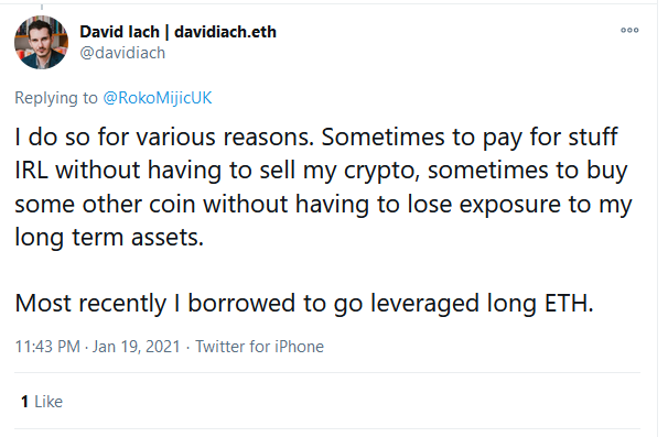  #DeFi is going to explode and it's going to look like the Flash Crash and the Financial Crisis got bitten by radiactive spiders and then had babies togetherPeople are borrowing from Defi lending platforms like  #AAVE in order to buy more crypto, but with leverage.  https://twitter.com/davidiach/status/1351661526961311744