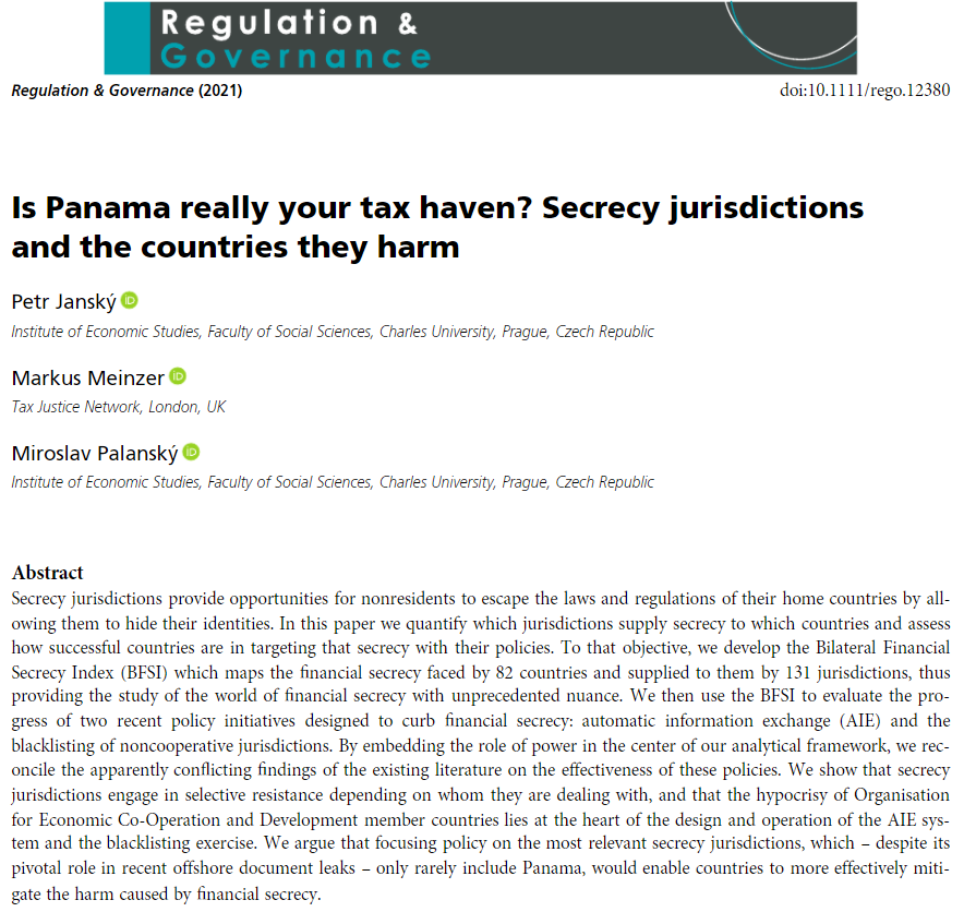  New paper out in  @RegGov_journal! With  @petr_jansky and  @markusmeinzer we develop the Bilateral Financial Secrecy Index and show how secrecy jurisdictions selectively resist automatic information exchange. Thread below , full paper here:  https://onlinelibrary.wiley.com/doi/full/10.1111/rego.12380 1/14