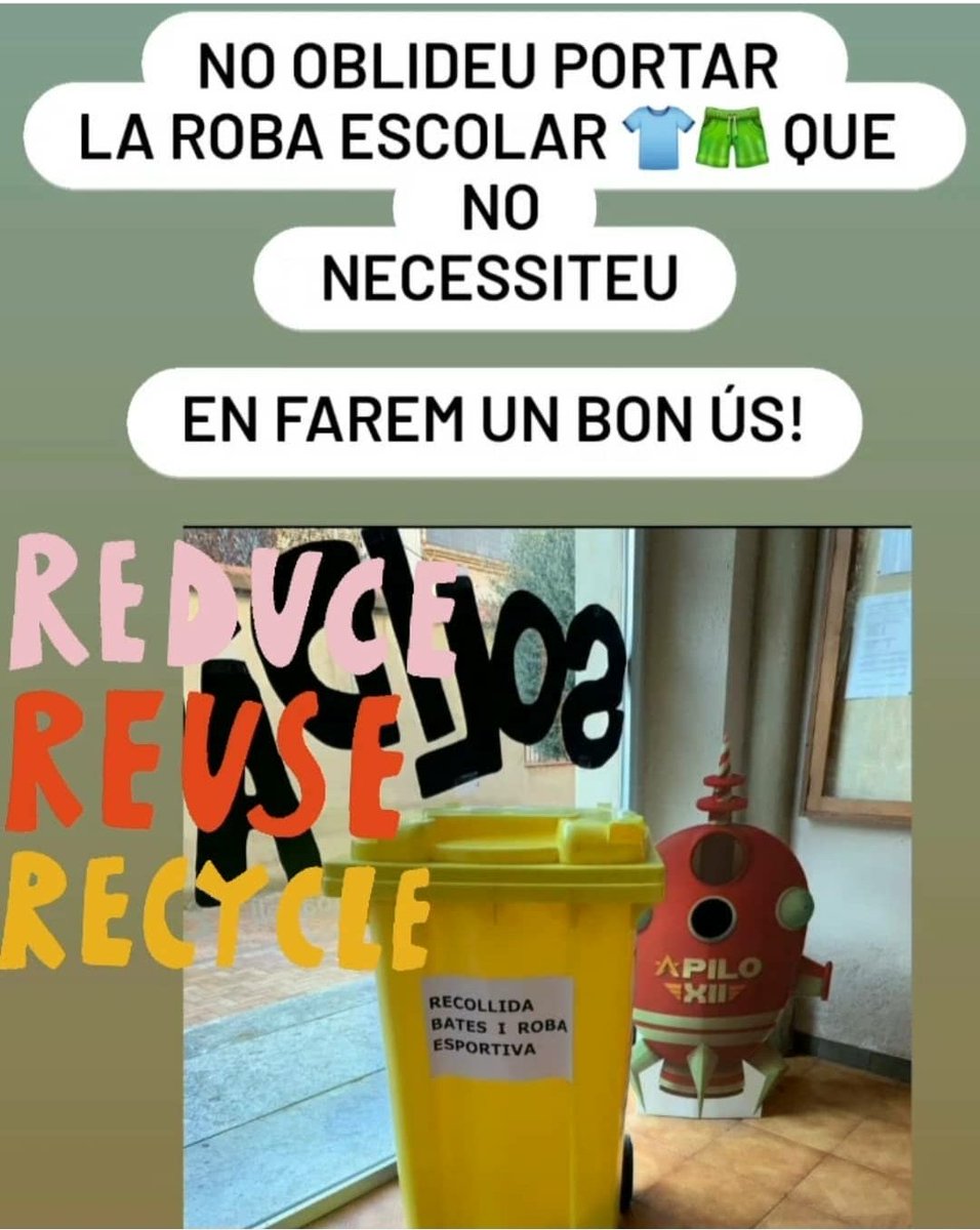 tuetsampa's tweet image. ♻️
REUTILITZA
♻️
ROBA 
♻️
ESCOLAR

🔛 Seguim la recollida de roba escolar que no necessiteu:
➡️Xandalls (del fr. chandail)
➡️Bates

🚮Trobareu un contenidor al vestíbul de l&apos;escola

ℹProperament indicarem com farem les properes entregues

Moltes🙏

#recicla
#reutilitza
#reduieix
