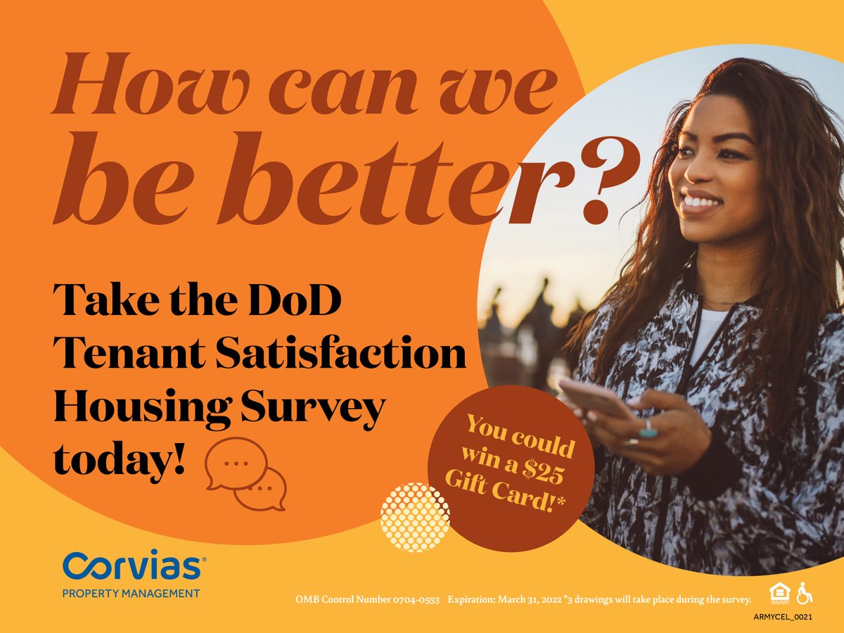 USArmyFortSill's tweet photo. The DoD Tenant Satisfaction Housing Survey is still accessible. Please take the survey by Jan 30 and let your voice be heard. Too easy! #FiresStrong #Corvias

#Values #Resiliency #ExcellenceintheFundamentals
@TRADOC @USArmy @usacac https://t.co/IQ8JGquIzf
