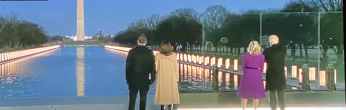 funder's tweet image. Seeing President-elect Biden and VP-elect Harris pay respect and actually acknowledge the death of over 410,000 Americans. With the Capitol in the background. Beyond powerful. 🇺🇸💙
