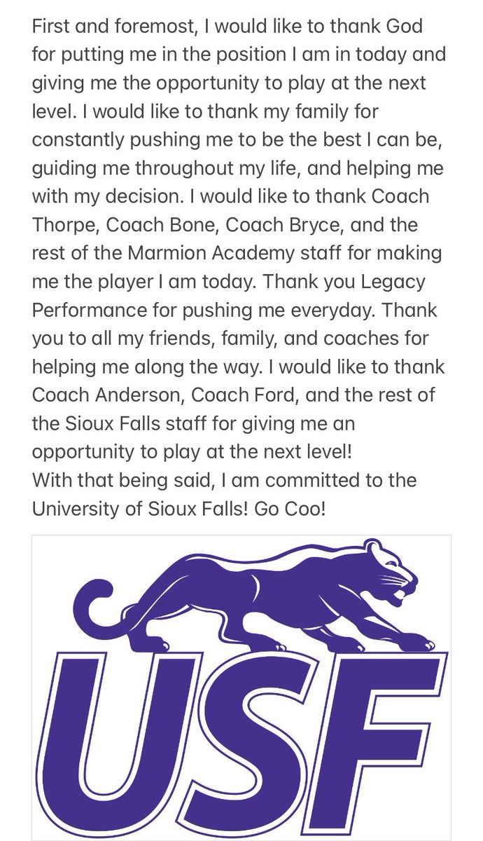 Excited to announce my Commitment to the University of Sioux Falls! 

Go Coo! #winnerswin