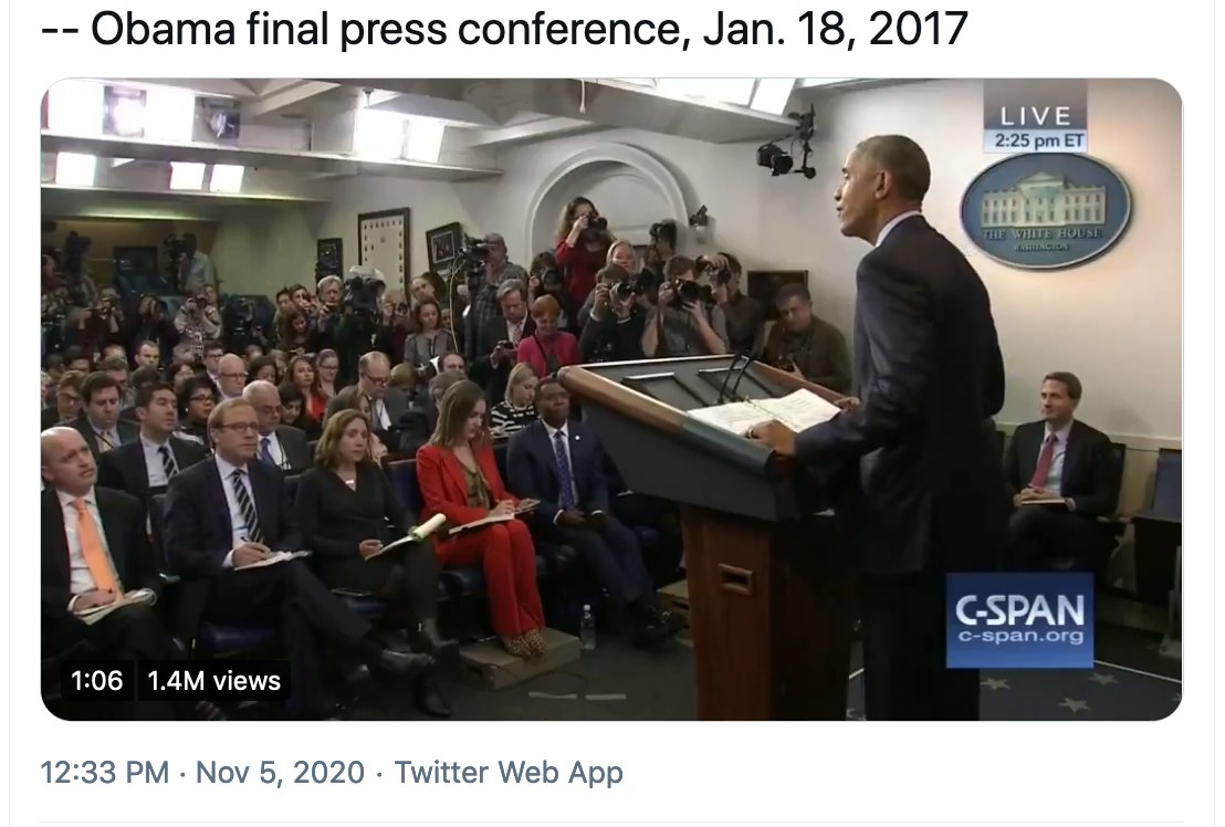 "You’re not supposed to be sycophants, you're supposed to be skeptics.You’re supposed to ask me tough questions.You're not supposed to be complimentary. You're supposed to cast a critical eye on folks who hold enormous power."Obama's final press conference. Jan 18, 2017