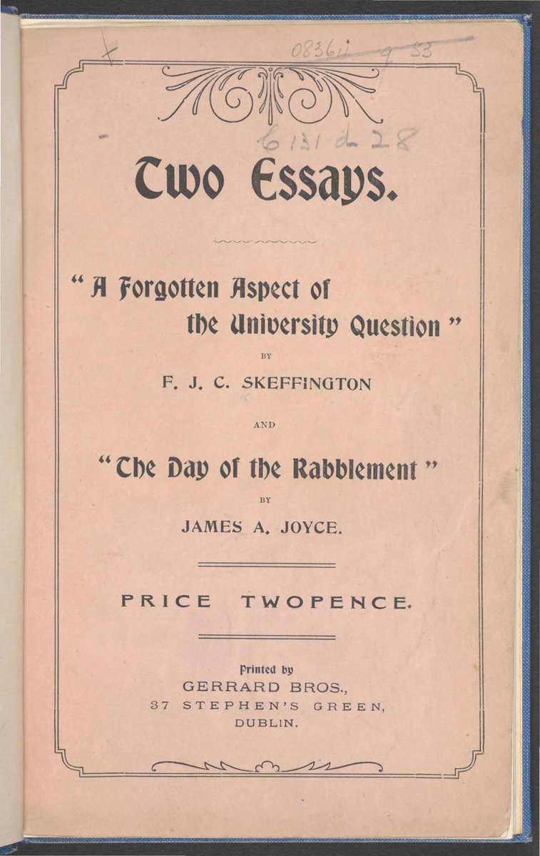 In June 1926, Hanna Sheehy Skeffington attended the 10th Congress of the International Woman Suffrage Alliance in Paris. She called on Joyce and the two of them discussed, among other things, the high price that the 1901 ‘Two Essays’ was fetching: £7 or about €500 today. (2/8)