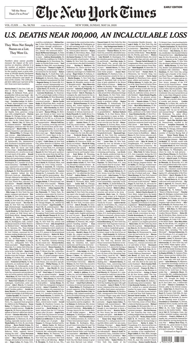 ChrisLu44's tweet photo. On May 24, 2020, @nytimes ran the names and biographical details for 1,000 people who had died of COVID. It filled the front page and three inside pages

Now, it would take 1,600 pages to do the same thing for the 400,000 lives that have been lost https://t.co/qya6q1Hdh0