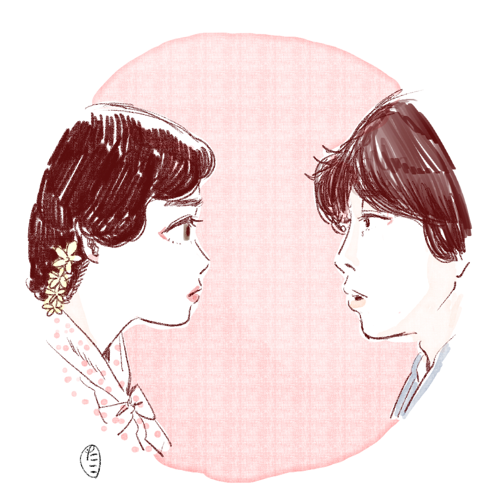 1boy 1girl profile looking at another black hair flower short hair  illustration images