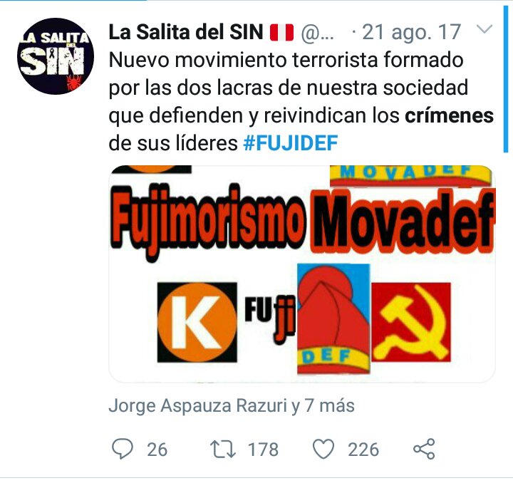 LaSalitadelSin's tweet photo. #KeikoKiereKeOlvidesEsto🍊
#FUJIDEF💣
Fujinfelices, campeones mundiales d la conchudez, se ponen a hablar del asesino de Abimael queriendo con eso hacer pasar piola al asesino y ladrón d Fujimori. Ya no se acuerdan cuando el 2017 se aliaron con MOVADEF para obstruir al Gobierno https://t.co/l1nhPE0FQp