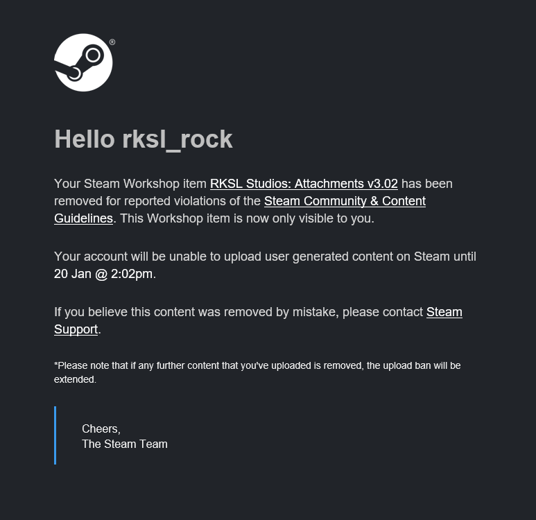 RKSL Studios on X: Hi all. Steam have (Temporarily?) removed the RKSL  Attachments from Steam over a malicious *false* abuse claim. I'm waiting  for Steam Support to reply. If you need access