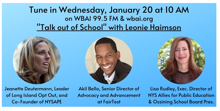 Join us tomorrow for #TalkoutofSchool <a href="/WBAI/">WBAI New York at 99.5 FM, streaming at wbai.org</a> when <a href="/akilbello/">Akil Bello</a> <a href="/FairTestOffice/">FairTest</a> &amp; @JeanetteDeut @lioptout &amp; <a href="/lisarudley/">Lisa Rudley</a> @nysape will discuss why ALL high-stakes standardized tests shd be cancelled this spring- NYC gifted exam as well as 3rd-8th gr state exams &amp; Regents HS tests.