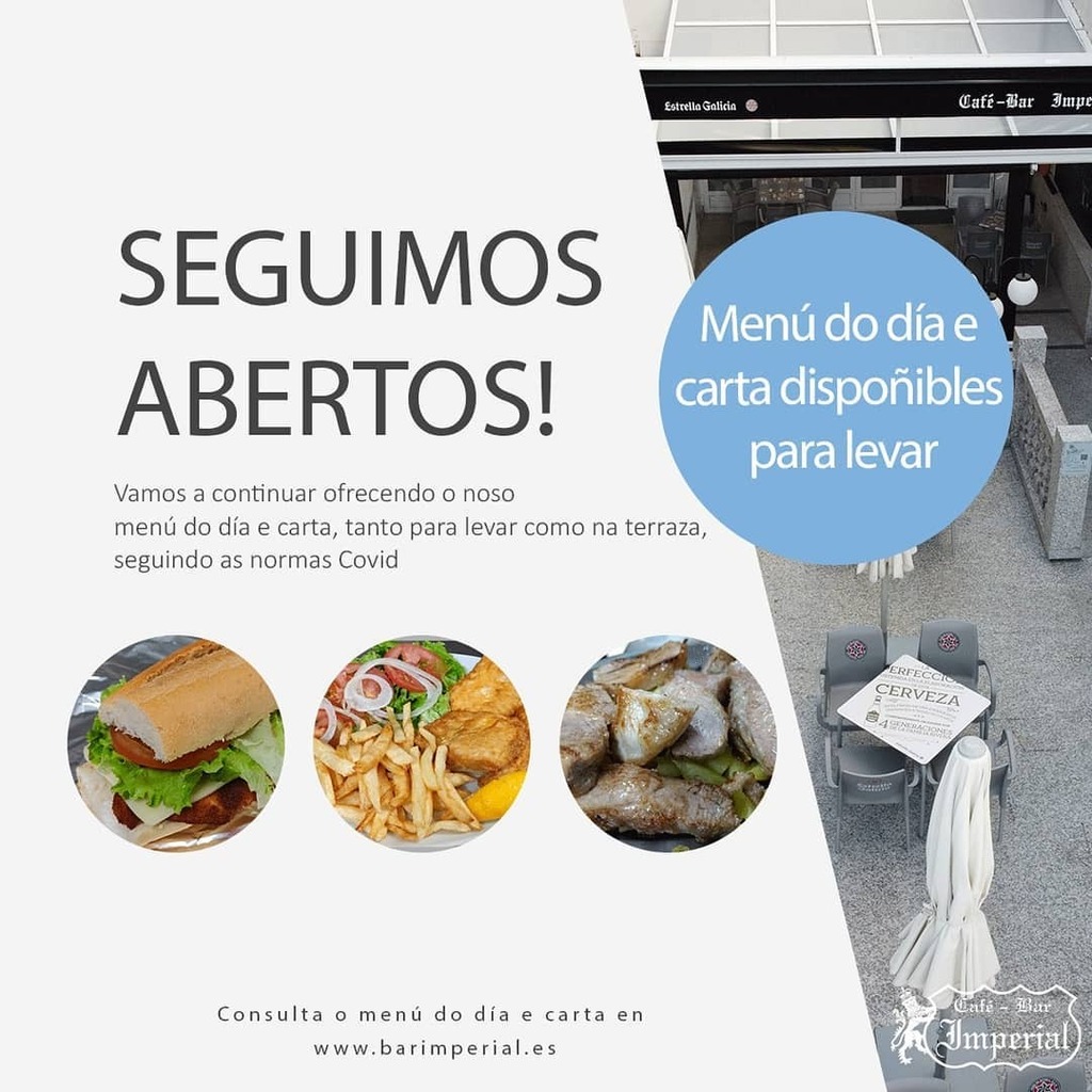 cafebarimperial's tweet photo. Vamos a continuar abertos, ofrecendo o noso Menú do Día e #carta para levar ou para comer en #terraza.
Poñemos a disposición dos nosos clientes cubertos para levar e comer comodamente
Traballadores, podedes comer comida recen feita!!
Graciñas polo voso a… https://t.co/t7x8QuRJGh https://t.co/QFIVugozF4