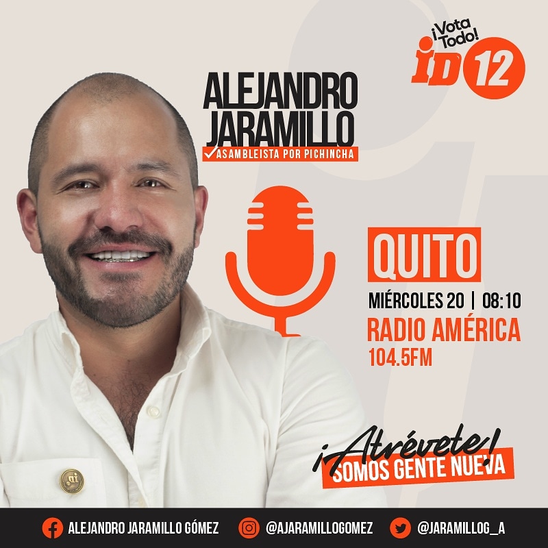 JaramilloG_A's tweet photo. #Entrevista
Conoce mi propuesta de trabajo para la Asamblea Nacional como Candidato Asambleísta por Pichincha.✔️
Conéctate mañana miércoles 20 de enero a Radio América a las 8h10

#IDLista12 #Elecciones2021Ec #AlejandroAsambleista #XavierHervasPresidente #Quito
#Alejandroenmedios https://t.co/5vNvPNeorW