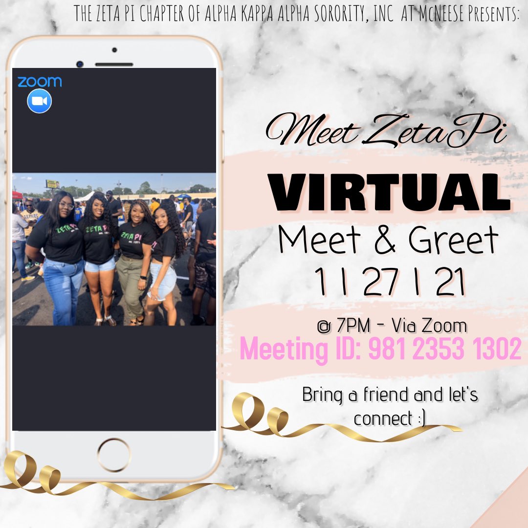 Welcome Back Pokes!💛💙

Zeta Pi would love to welcome you all to our virtual Meet &amp; Greet. Please bring a friend and tell a friend. We can’t wait to meet you all! Please do ask questions if needed. 

Can’t wait to meet you💕💚.