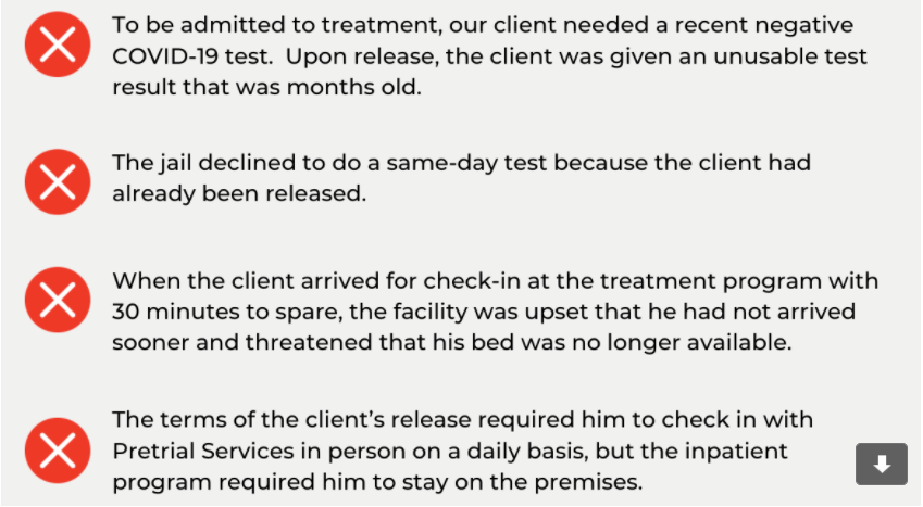 Take the recent story of one of our clients, who had the chance to go to inpatient treatment instead staying in jail. Unfortunately, a multitude of barriers stood in his way: